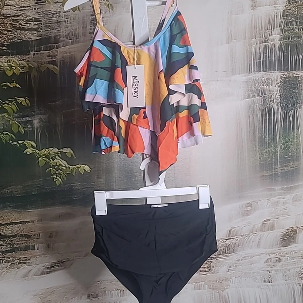 New! Missky Womens Small vibrant colors ruffle layered tankini swim suit